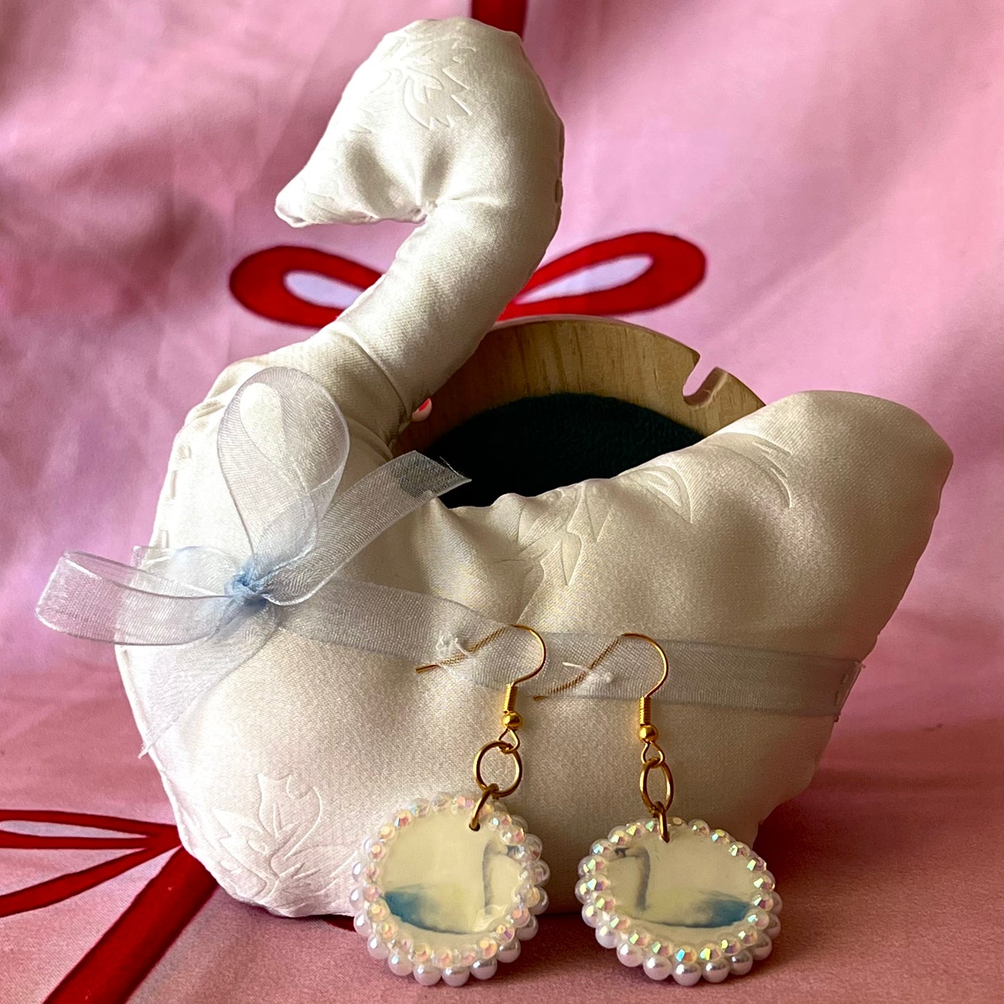 Iridescent Kissing Swan Earrings | Gold Swan Charm Earrings | Handmade Polymer Clay Earrings | Fairycore Coquette Cottagecore Y2K