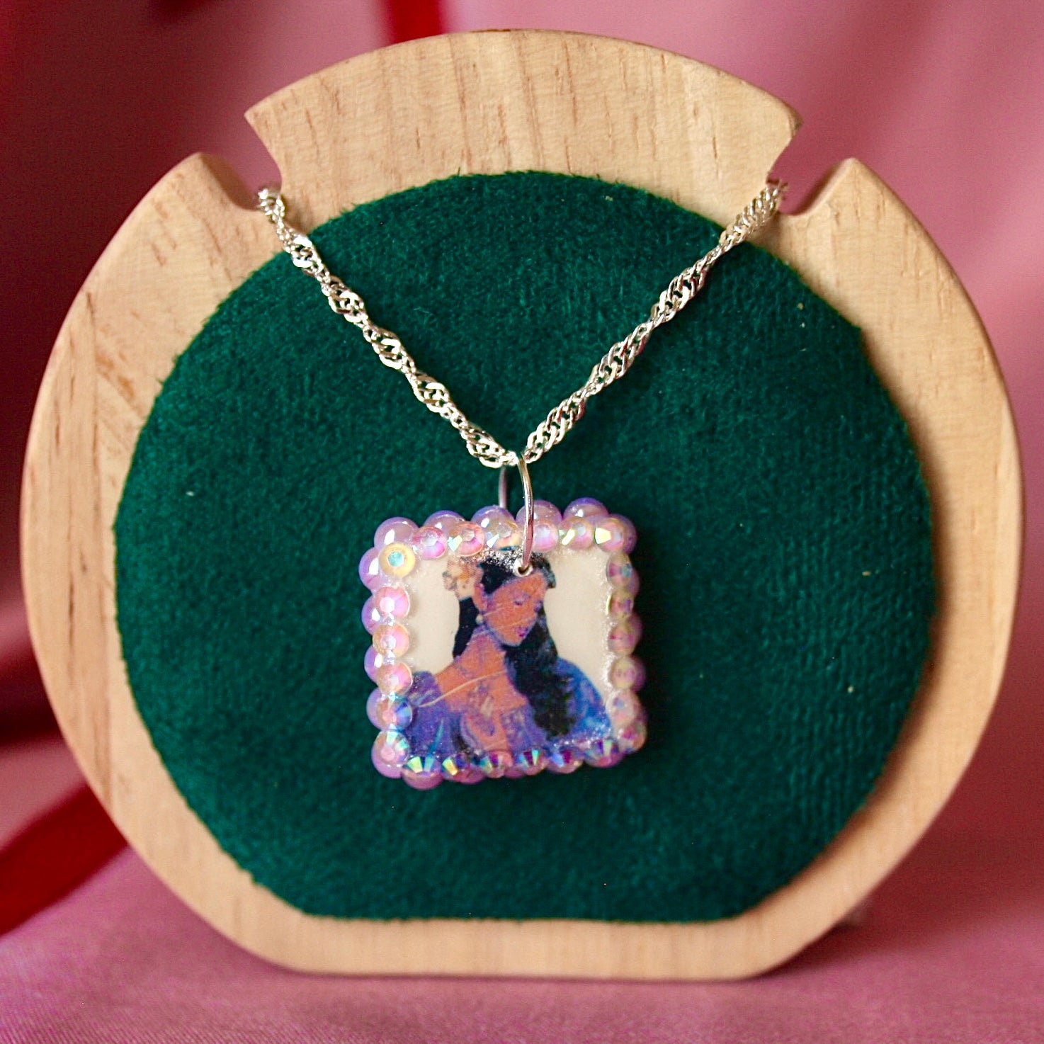 Lavender Haze Princess necklace — medieval-inspired handmade polymer clay pendant bedazzled with iridescent pearls + rhinestones on 20" 925 sterling silver chain. Princesscore lavender medievalcore charm necklace; gift-ready black celestial box. Ready to ship in 1–3 days.