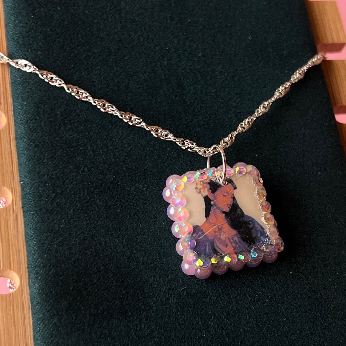 Lavender Haze Princess necklace — medieval-inspired handmade polymer clay pendant bedazzled with iridescent pearls + rhinestones on 20" 925 sterling silver chain. Princesscore lavender medievalcore charm necklace; gift-ready black celestial box. Ready to ship in 1–3 days.