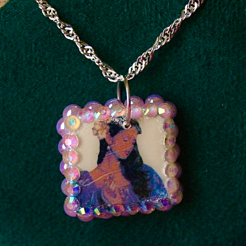 Lavender Haze Princess necklace — medieval-inspired handmade polymer clay pendant bedazzled with iridescent pearls + rhinestones on 20" 925 sterling silver chain. Princesscore lavender medievalcore charm necklace; gift-ready black celestial box. Ready to ship in 1–3 days.