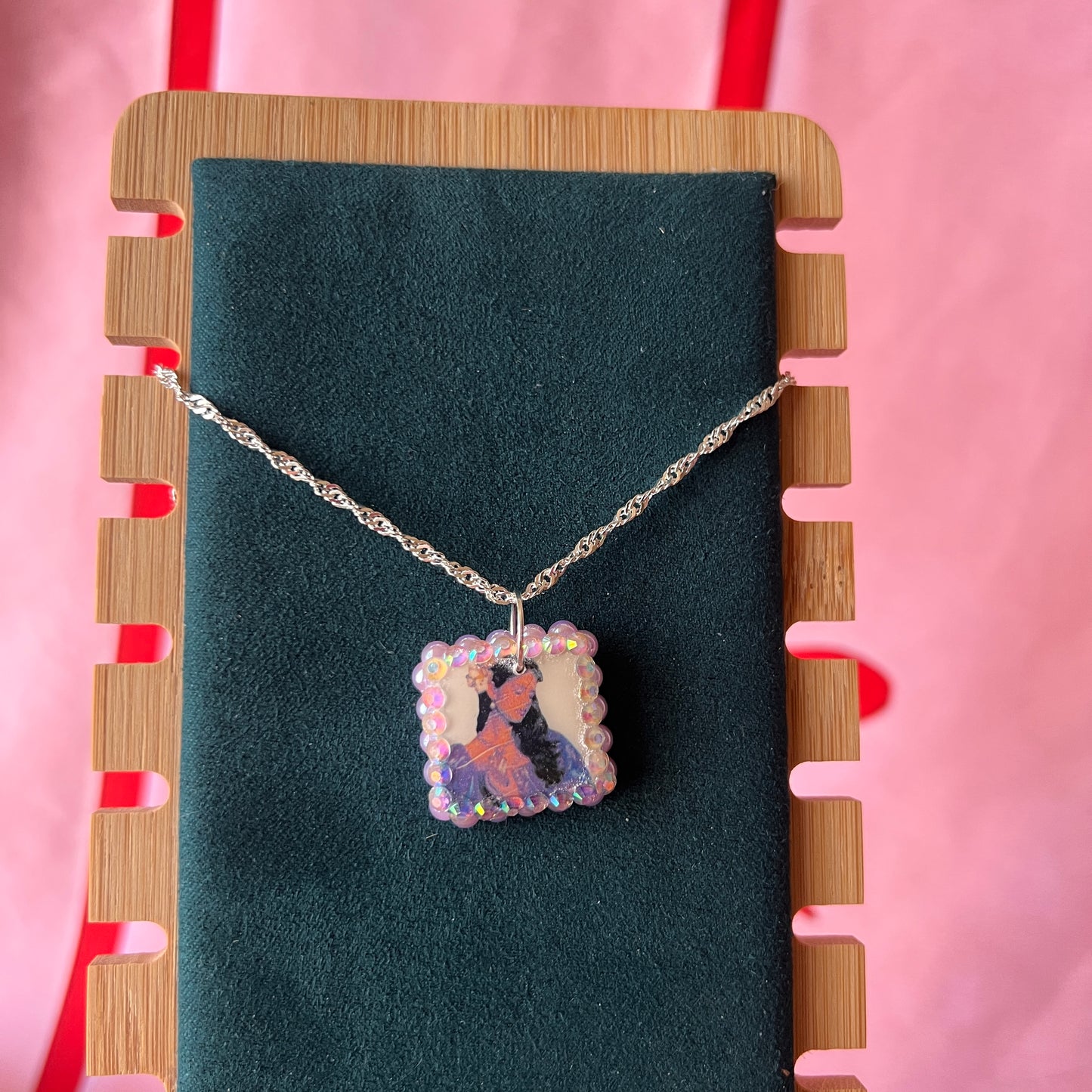 Lavender Haze Princess necklace — medieval-inspired handmade polymer clay pendant bedazzled with iridescent pearls + rhinestones on 20" 925 sterling silver chain. Princesscore lavender medievalcore charm necklace; gift-ready black celestial box. Ready to ship in 1–3 days.