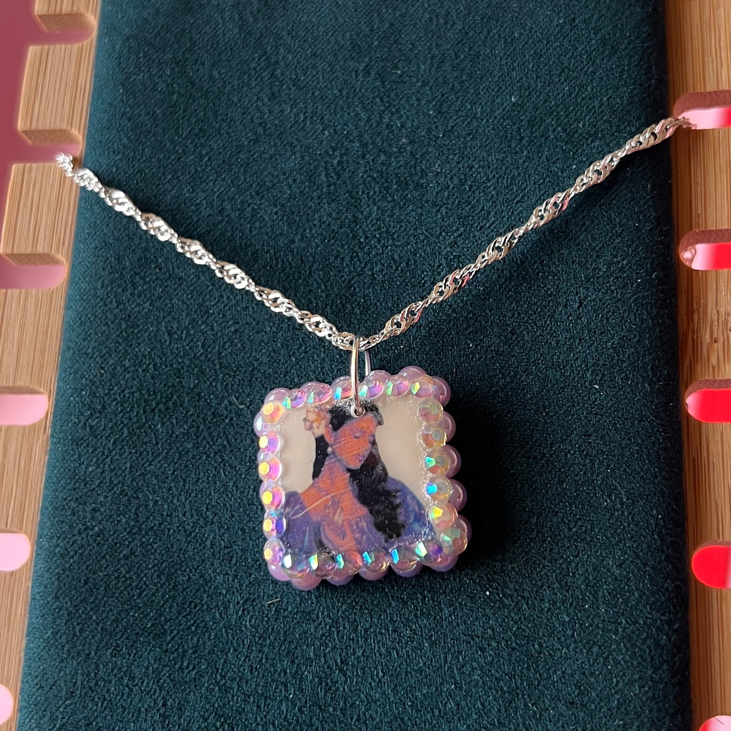 Lavender Haze Princess necklace — medieval-inspired handmade polymer clay pendant bedazzled with iridescent pearls + rhinestones on 20" 925 sterling silver chain. Princesscore lavender medievalcore charm necklace; gift-ready black celestial box. Ready to ship in 1–3 days.