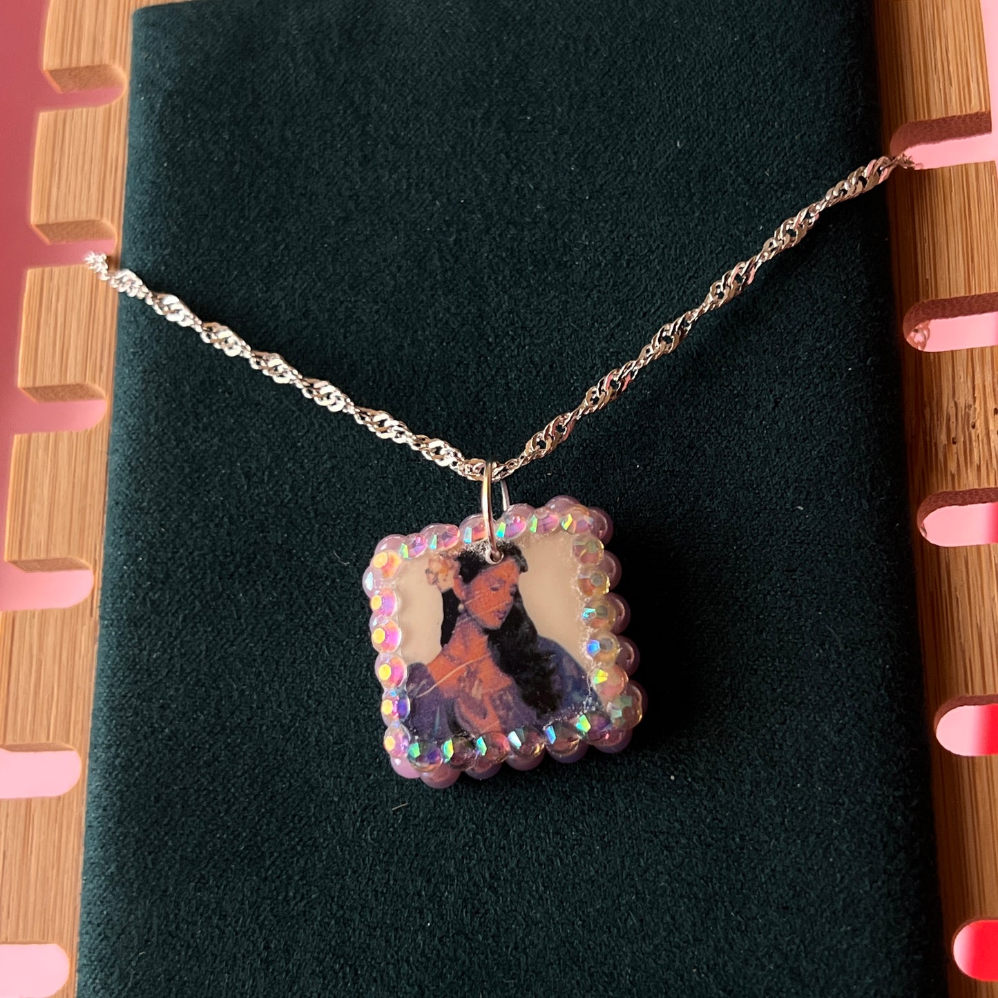 Lavender Haze Princess necklace — medieval-inspired handmade polymer clay pendant bedazzled with iridescent pearls + rhinestones on 20" 925 sterling silver chain. Princesscore lavender medievalcore charm necklace; gift-ready black celestial box. Ready to ship in 1–3 days.
