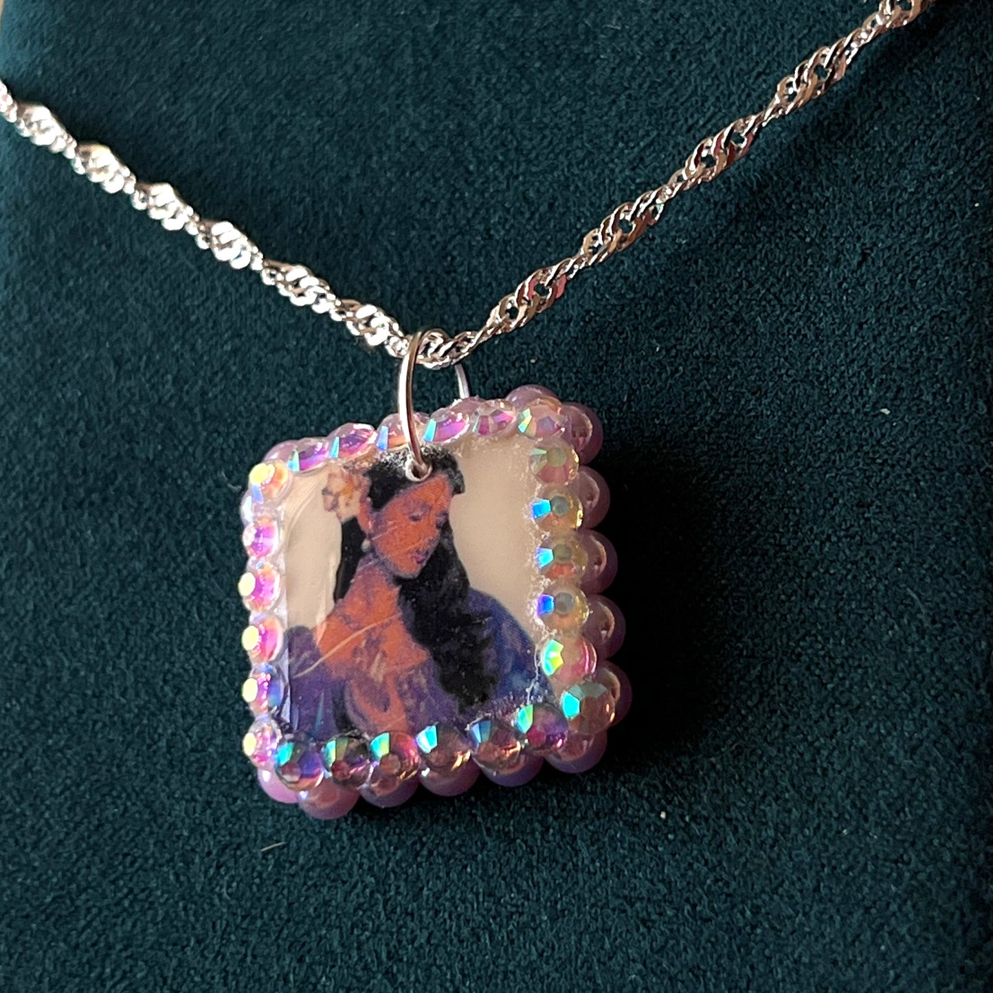 Lavender Haze Princess necklace — medieval-inspired handmade polymer clay pendant bedazzled with iridescent pearls + rhinestones on 20" 925 sterling silver chain. Princesscore lavender medievalcore charm necklace; gift-ready black celestial box. Ready to ship in 1–3 days.