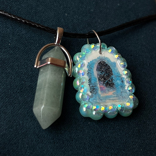 Magical archway charm necklace — one-of-a-kind medieval stone archway “portal” pendant hand-sculpted in polymer clay (approx. 1" tall x 0.75" wide) and bedazzled with iridescent pearls and rhinestones. Handmade wearable magic.
