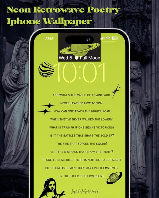 Phone with neon greem retrowave poetry wallpaper made with halftone cut out collage elements with nuns, trippy circles, andother gothic pictures displayed against a dark background with statues.