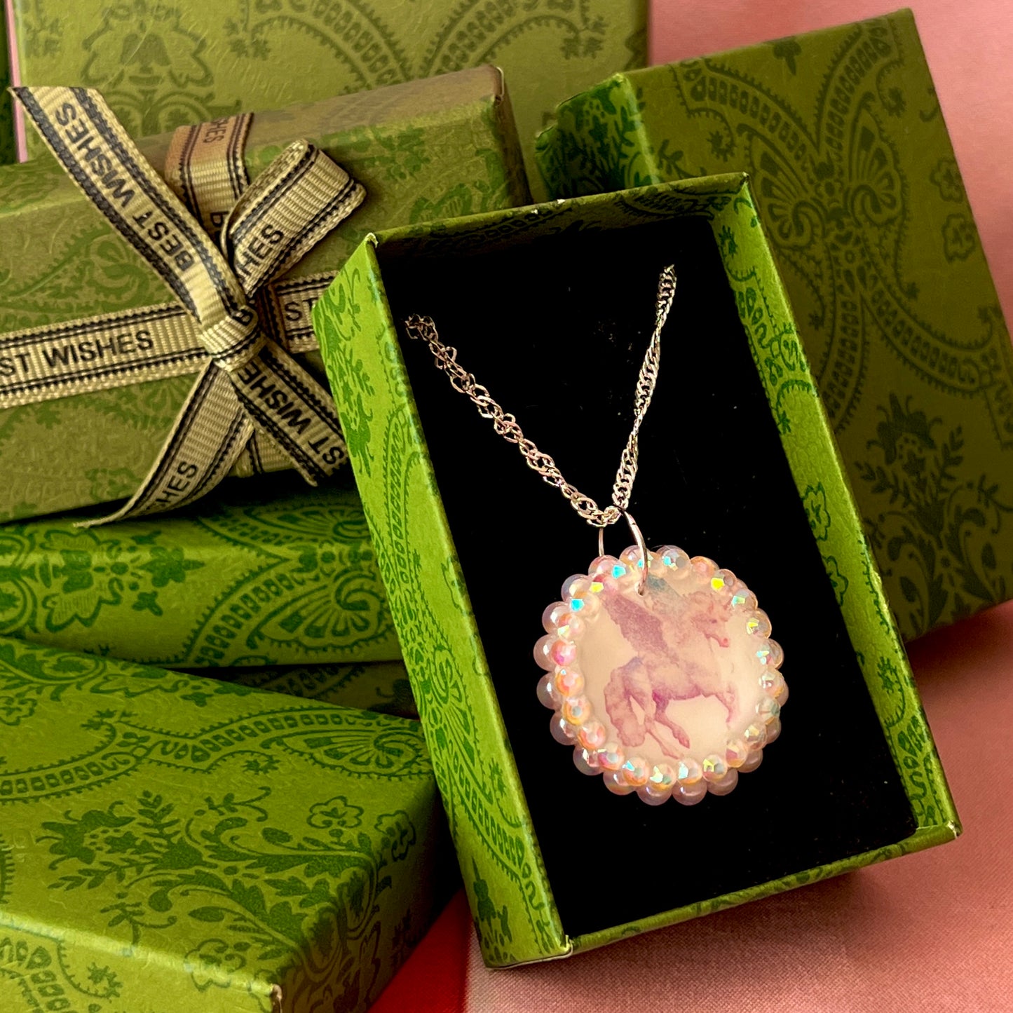 Pegasus pearl charm necklace — coquette fantasy jewelry with handmade pegasus charm bedazzled with pastel pearls on 20" 925 sterling silver chain. Ships gift-ready in green Victorian-patterned box; ready to ship. Medieval magic talisman necklace by Olive Made.