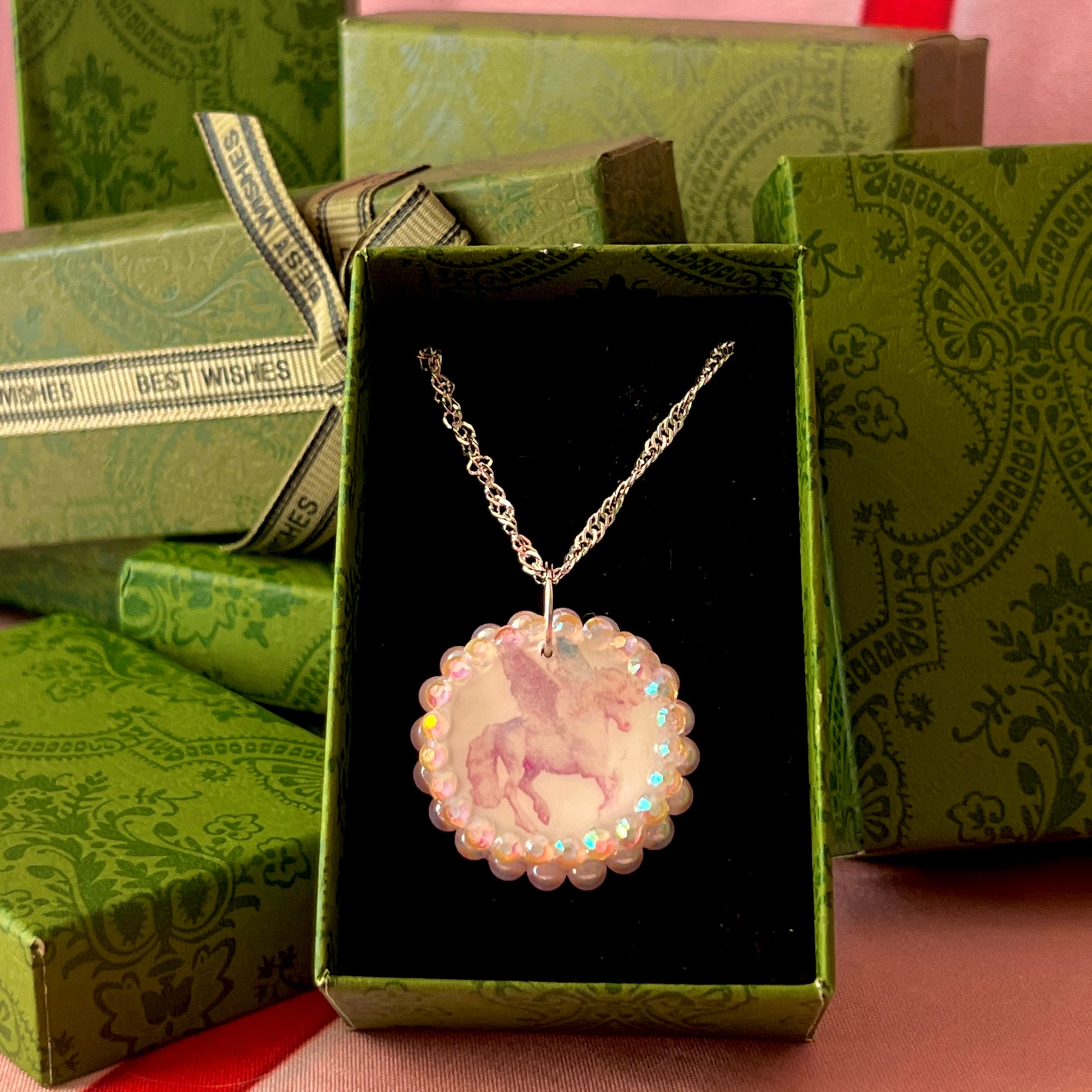 Pegasus pearl charm necklace — coquette fantasy jewelry with handmade pegasus charm bedazzled with pastel pearls on 20" 925 sterling silver chain. Ships gift-ready in green Victorian-patterned box; ready to ship. Medieval magic talisman necklace by Olive Made.