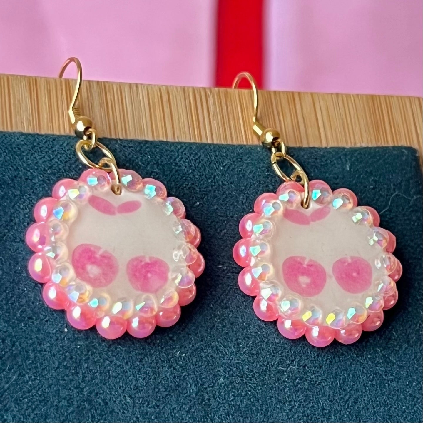 Pink Cherry Drop Earrings | Y2K Kawaii Pearl + Rhinestone Dangles | Olive Made