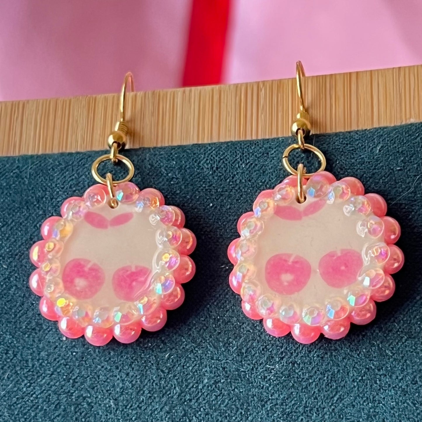 Pink Cherry Drop Earrings | Y2K Kawaii Pearl + Rhinestone Dangles | Olive Made
