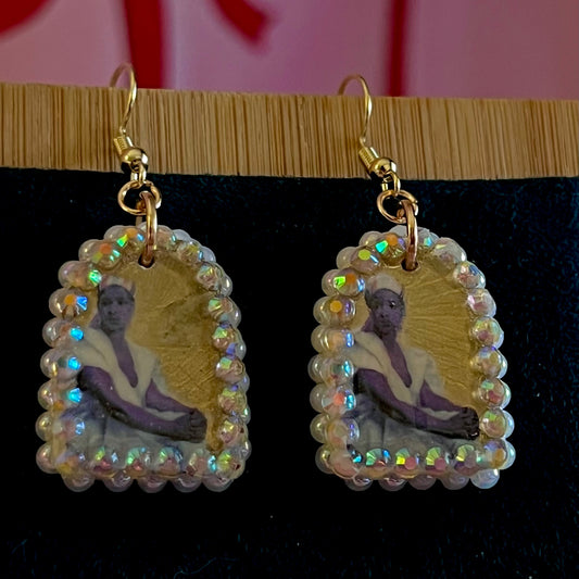 Portrait Of A Black Woman, Emile Vernet-Lecomte, art history earrings, museum jewelry, portrait earrings, arch earrings, gold portrait earrings, rhinestone pearl earrings, 14k gold plated earrings, handmade polymer clay earrings, renaissancecore jewelry, coquette jewelry, wearable art earrings