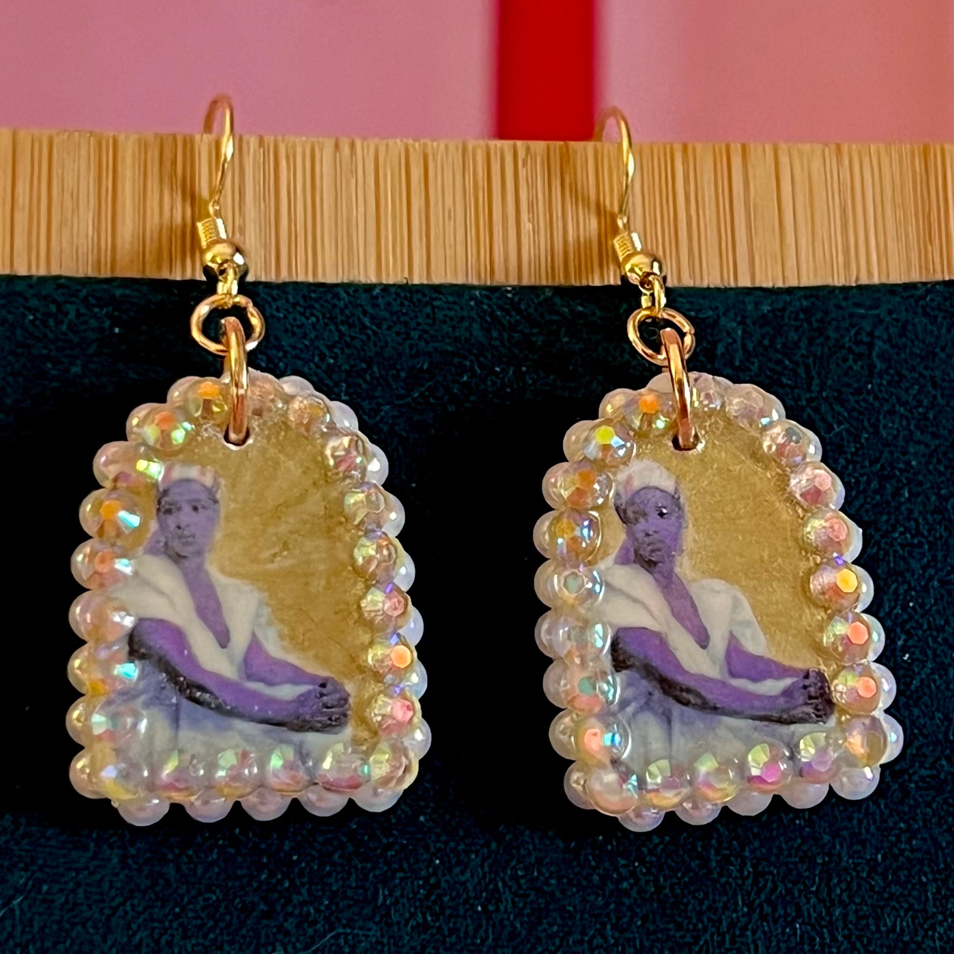 Portrait Of A Black Woman, Emile Vernet-Lecomte, art history earrings, museum jewelry, portrait earrings, arch earrings, gold portrait earrings, rhinestone pearl earrings, 14k gold plated earrings, handmade polymer clay earrings, renaissancecore jewelry, coquette jewelry, wearable art earrings