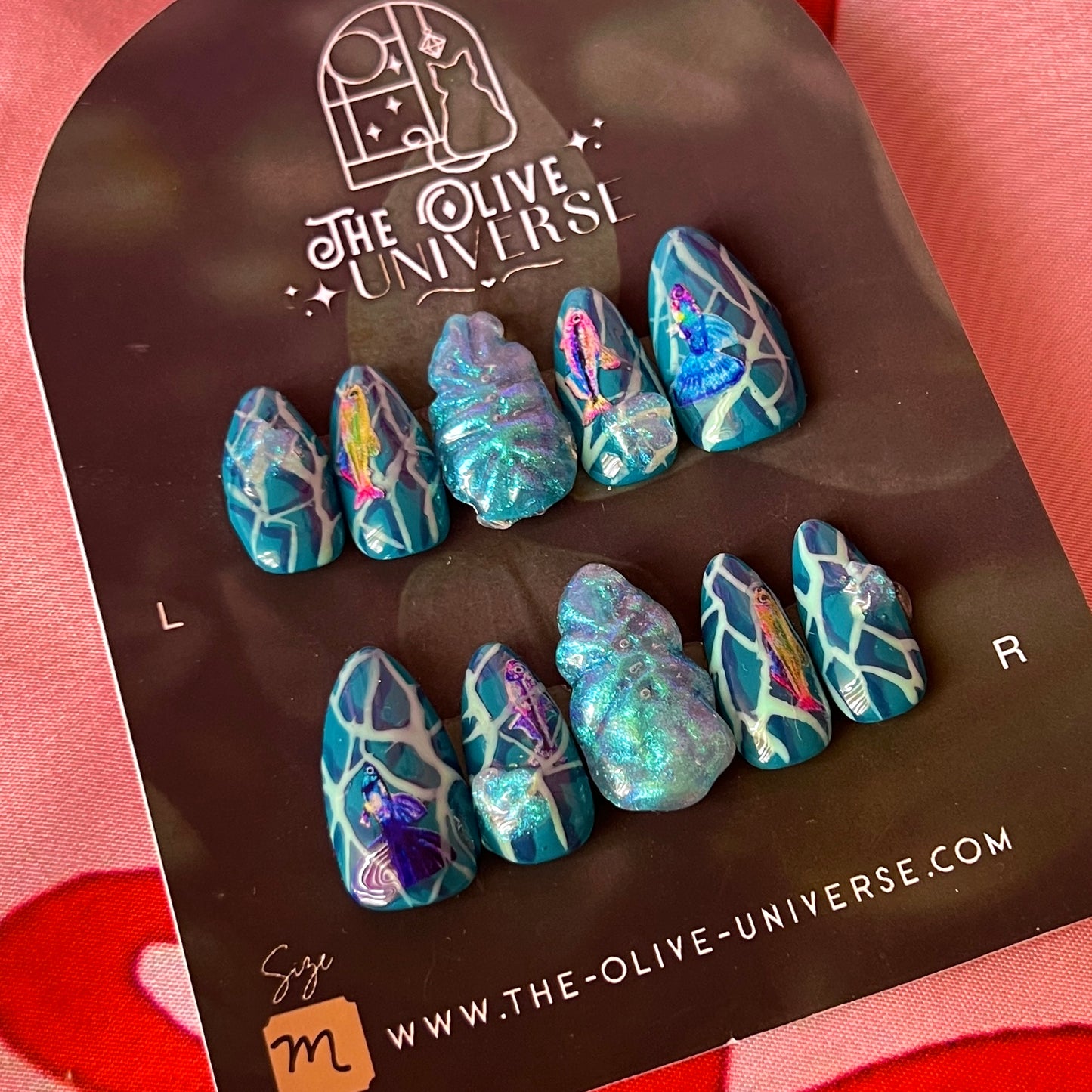 Poseidon’s Layer | Bespoke Fish Press-On Nails | Medium Almond | Ocean Nails | 3D Iridescent Nails