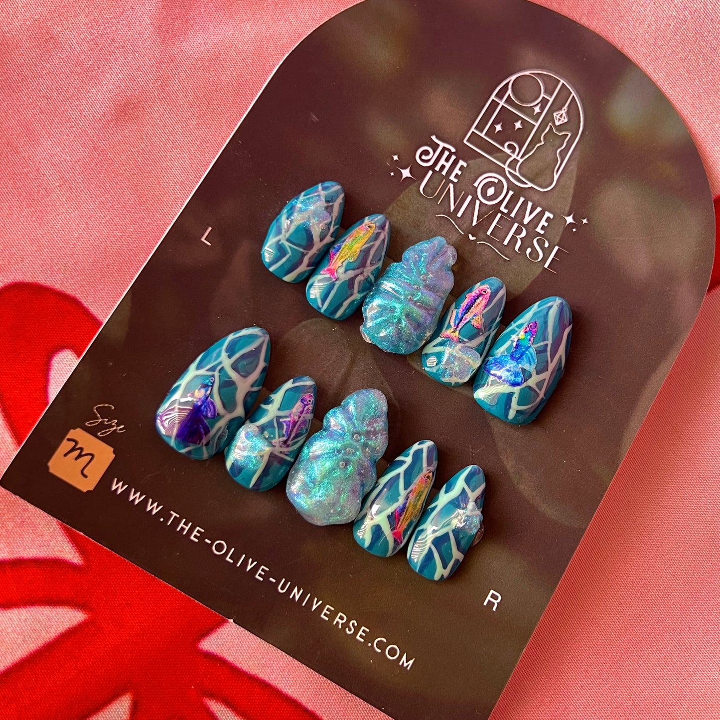 Poseidon’s Layer | Bespoke Fish Press-On Nails | Medium Almond | Ocean Nails | 3D Iridescent Nails