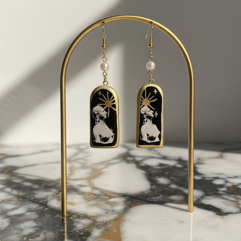 Retrowave Cut Out Collage Black, Gold, and Pearl Earrings