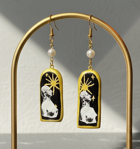 Retrowave Cut Out Collage Black, Gold, and Pearl Earrings