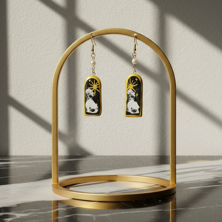 Retrowave Cut Out Collage Black, Gold, and Pearl Earrings