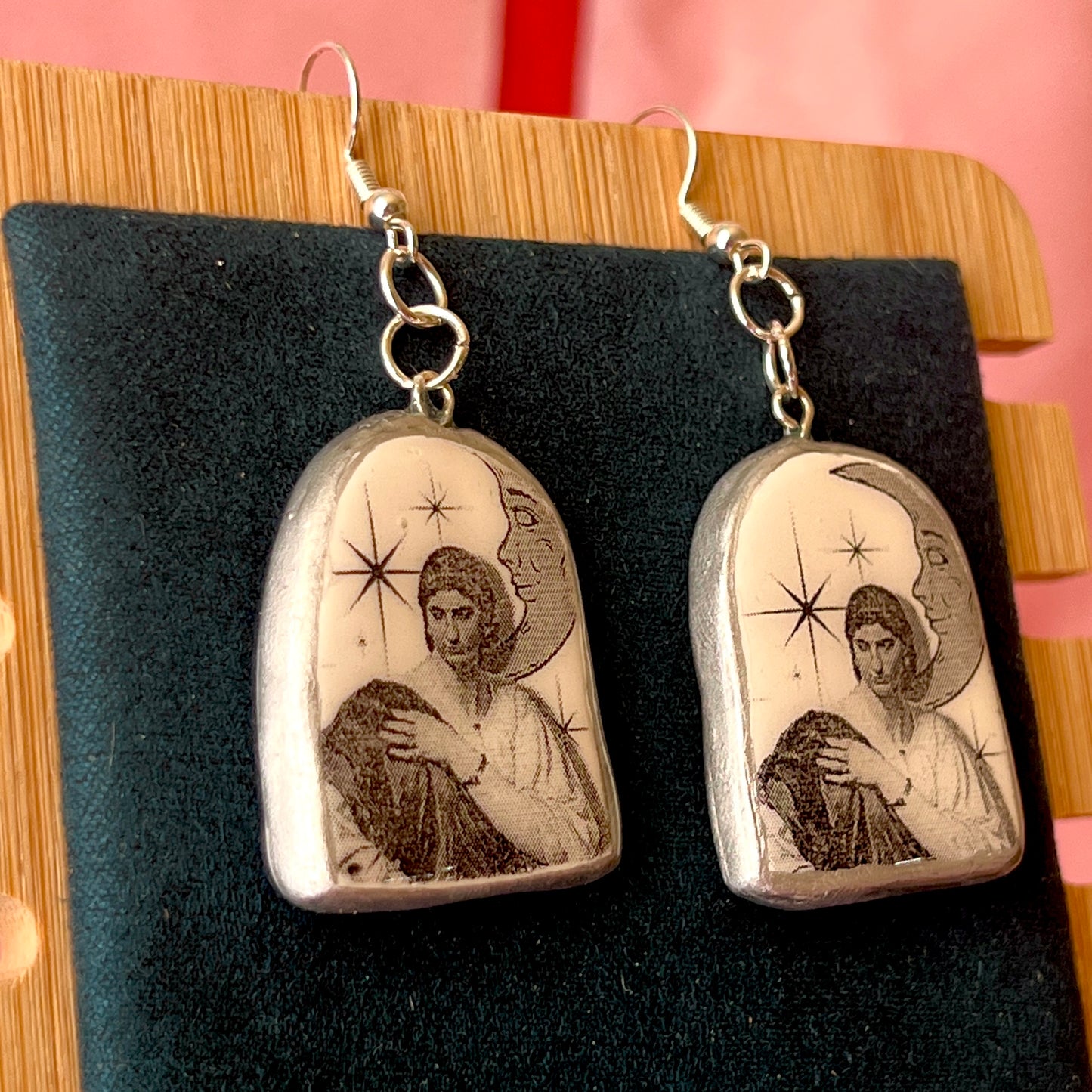 Roman Woman Earrings | Handmade Clay Dangle Earrings | Art History Jewelry | Grayscale Celestial Collage