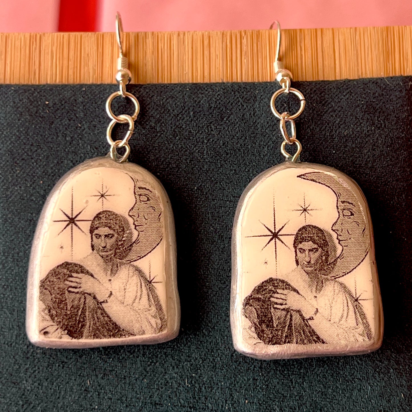 Roman Woman Earrings | Handmade Clay Dangle Earrings | Art History Jewelry | Grayscale Celestial Collage