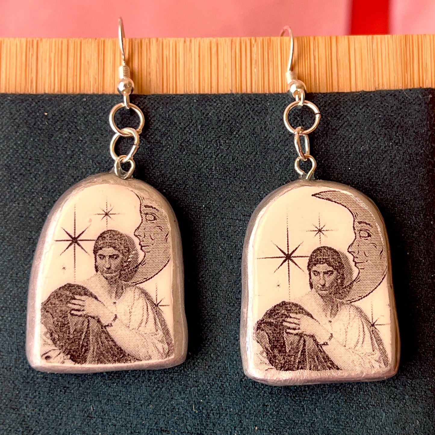Roman Woman Earrings | Handmade Clay Dangle Earrings | Art History Jewelry | Grayscale Celestial Collage