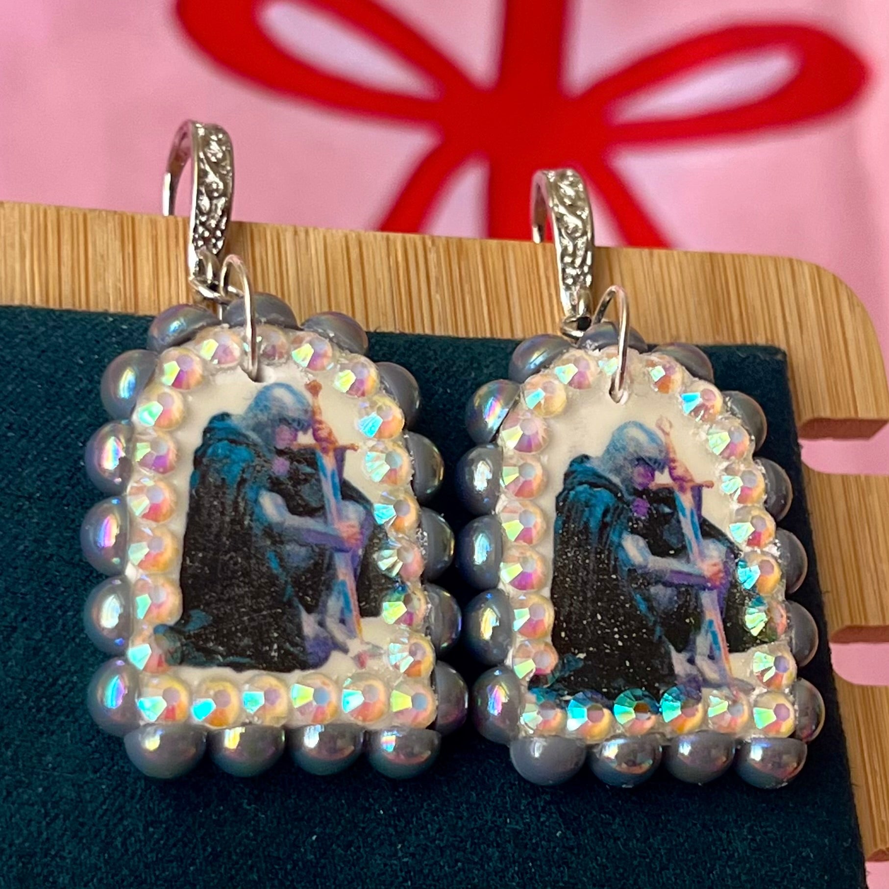 Handmade medieval knight earrings featuring polymer‑clay charms framed with iridescent gray pearls and rhinestones, styled with white‑gold‑plated hypoallergenic hooks—perfect medievalcore, renaissance, and fantasy jewelry.