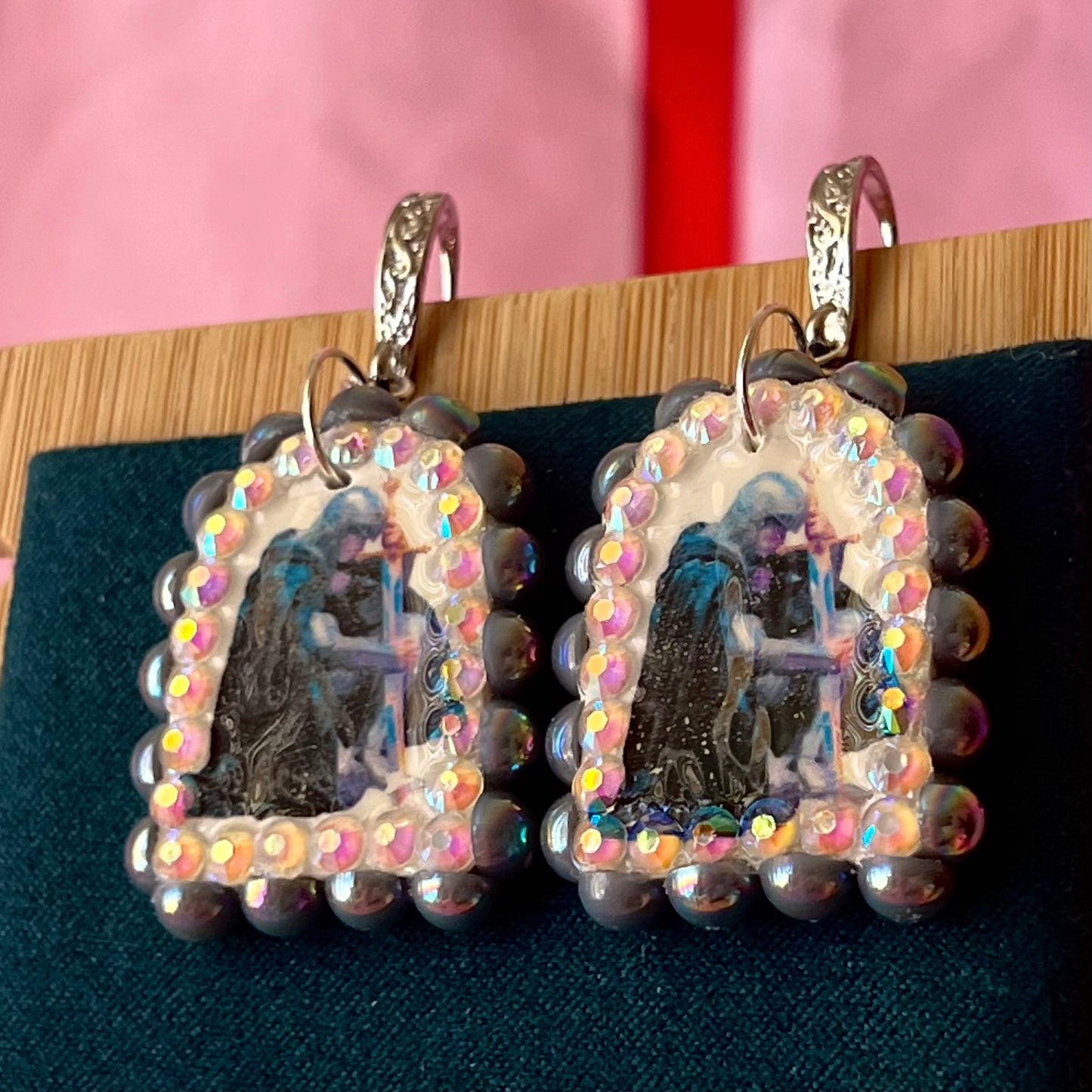 Handmade medieval knight earrings featuring polymer‑clay charms framed with iridescent gray pearls and rhinestones, styled with white‑gold‑plated hypoallergenic hooks—perfect medievalcore, renaissance, and fantasy jewelry.