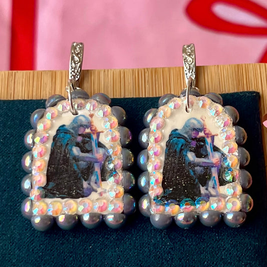 Handmade medieval knight earrings featuring polymer‑clay charms framed with iridescent gray pearls and rhinestones, styled with white‑gold‑plated hypoallergenic hooks—perfect medievalcore, renaissance, and fantasy jewelry.