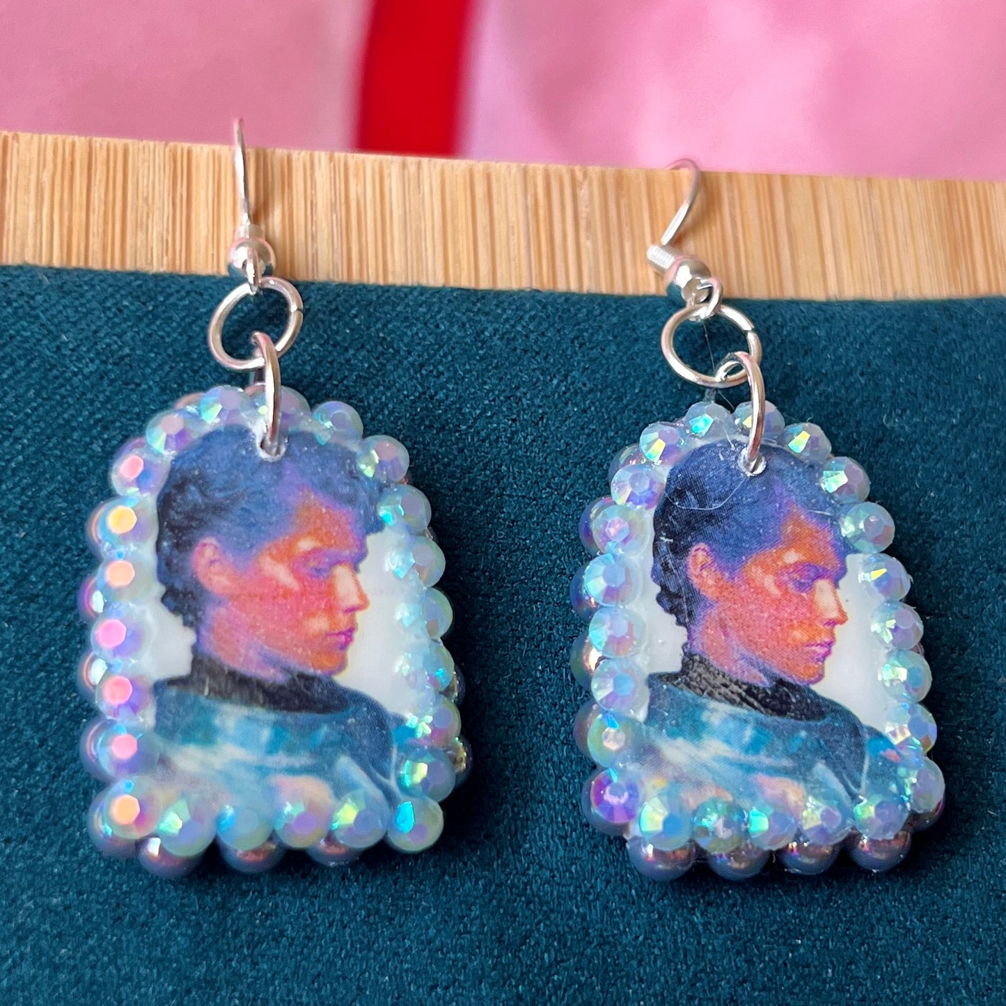Handmade Shining Knight earrings with medieval knight polymer clay charms framed with iridescent gray pearls and rhinestones on white gold plated hypoallergenic hooks.