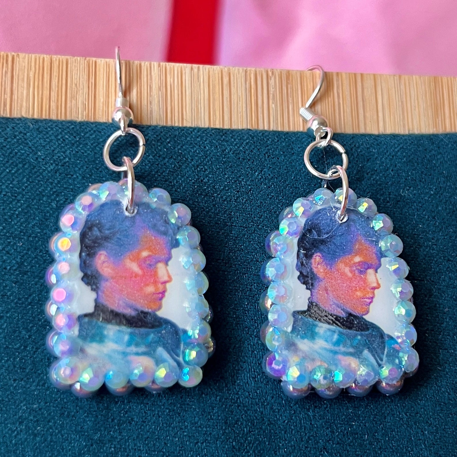 Handmade Shining Knight earrings with medieval knight polymer clay charms framed with iridescent gray pearls and rhinestones on white gold plated hypoallergenic hooks.