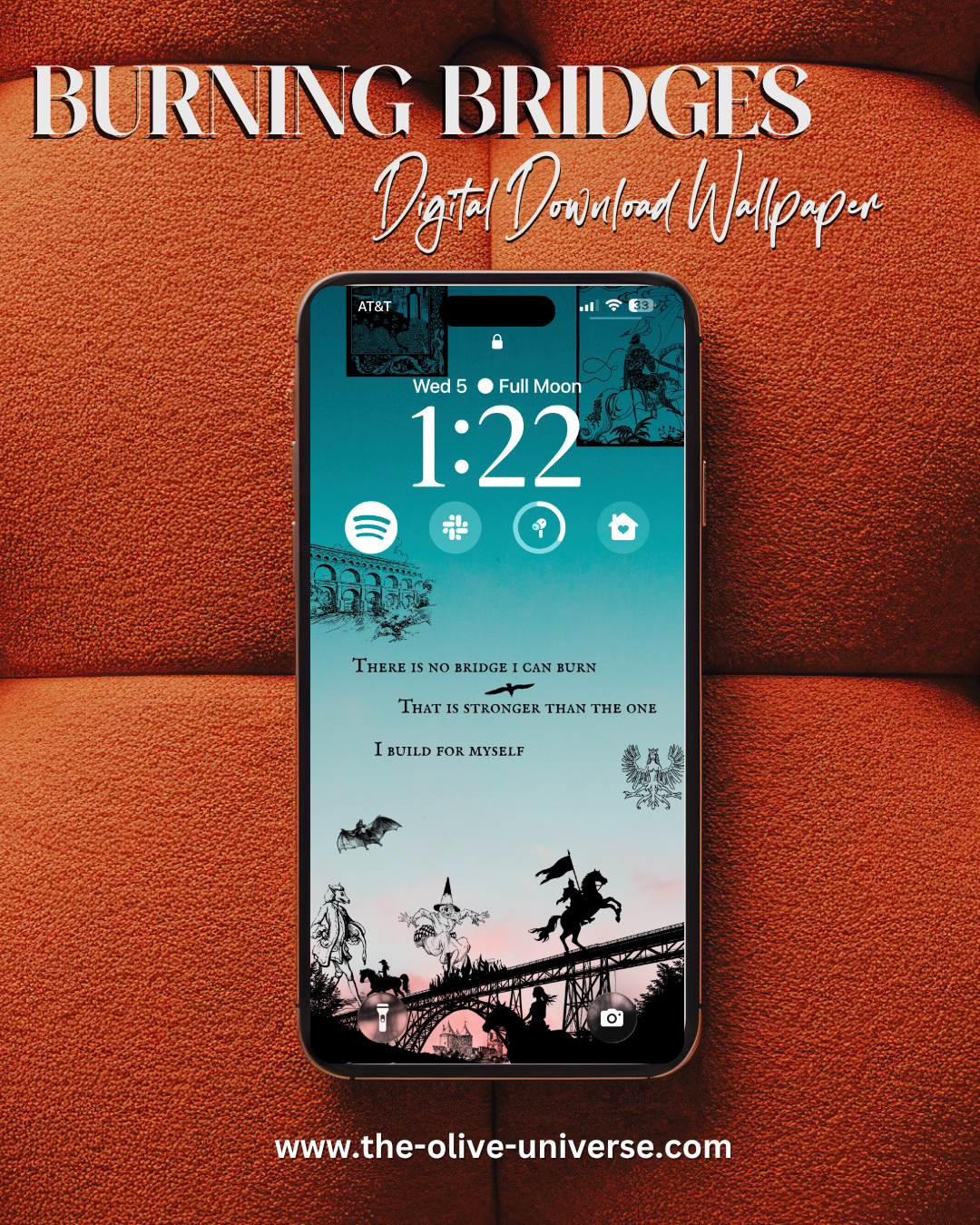 Phone displaying a sunset medieval linograph cut out collage digital download wallpaper with a quote on an orange background