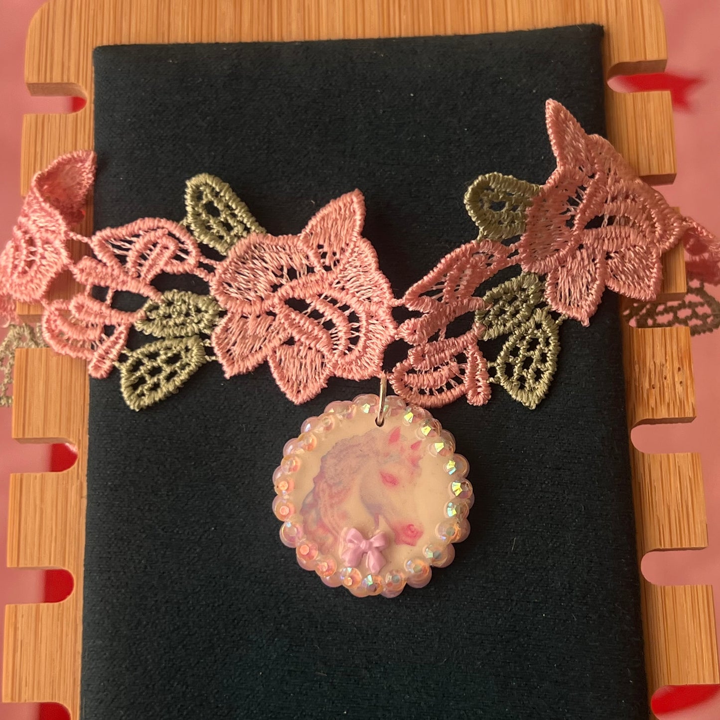Unicorn Bow Rose Lace Choker | Pink Coquette Charm Necklace | Olive Made