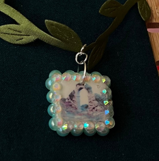 vine choker necklace, leaf choker, fairycore choker, whimsigoth jewelry, medieval fantasy necklace, arch charm necklace, rhinestone charm choker, pearl rhinestone necklace, handmade polymer clay charm, adjustable choker necklace, secret garden jewelry