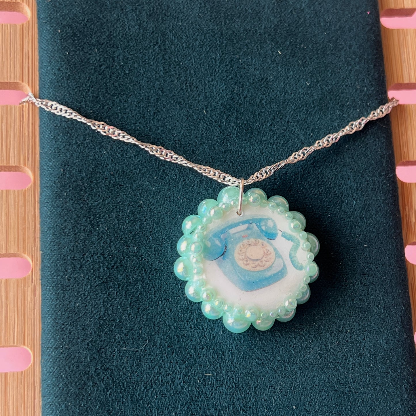 Vintage Mid-Century Dial-Up Phone Necklace | Iridescent Pearl Charm | Handmade Polymer Clay Jewelry | 925 Sterling Silver Chain