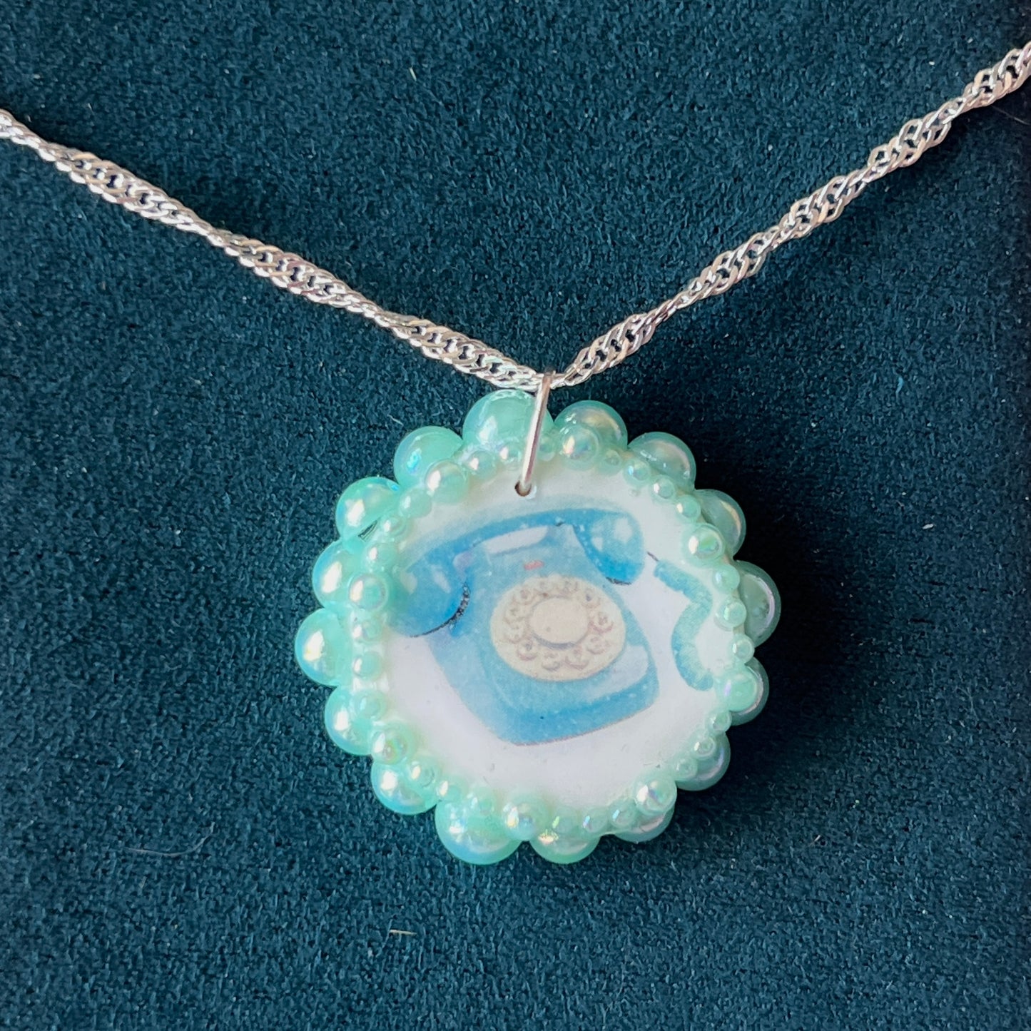Vintage Mid-Century Dial-Up Phone Necklace | Iridescent Pearl Charm | Handmade Polymer Clay Jewelry | 925 Sterling Silver Chain