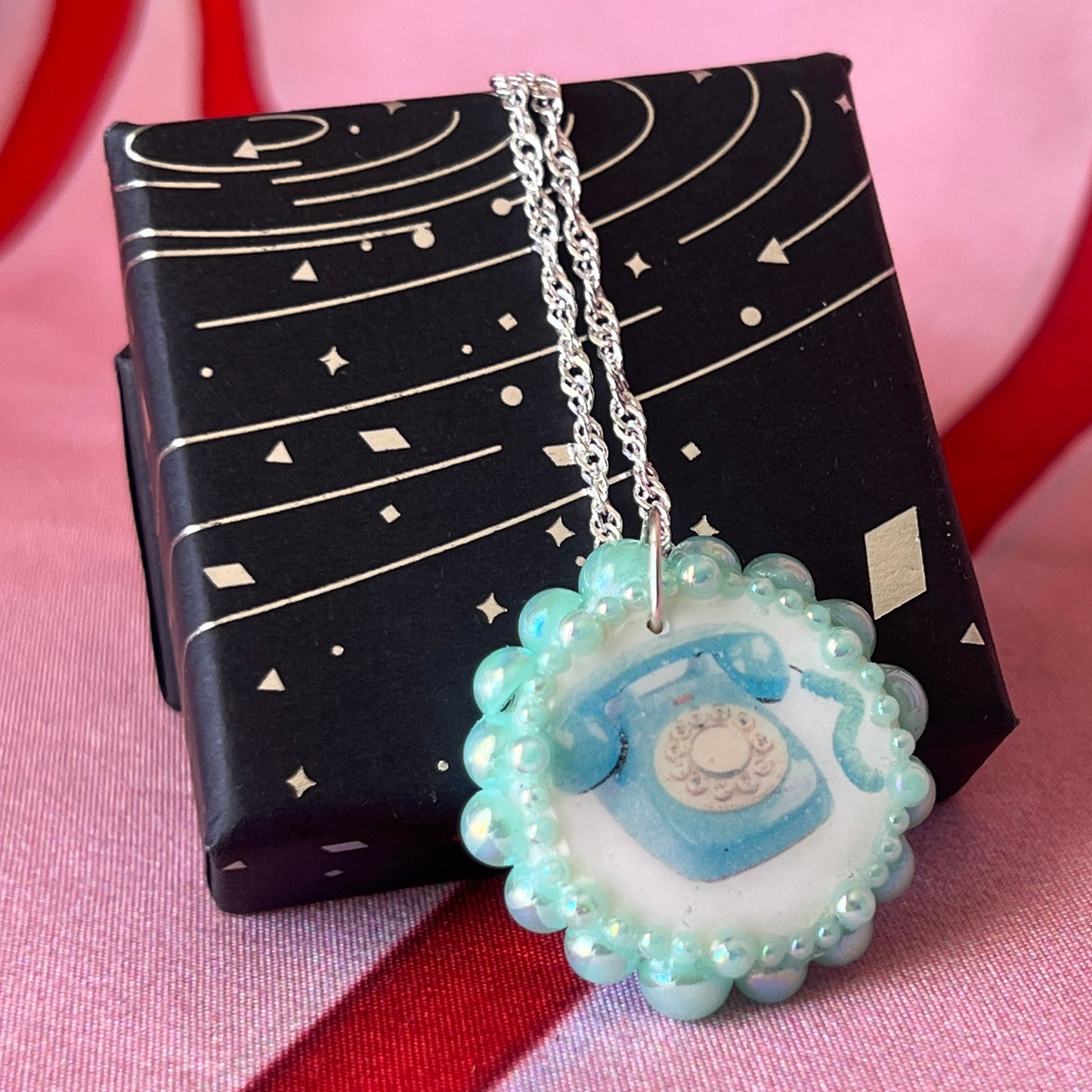 Vintage Mid-Century Dial-Up Phone Necklace | Iridescent Pearl Charm | Handmade Polymer Clay Jewelry | 925 Sterling Silver Chain