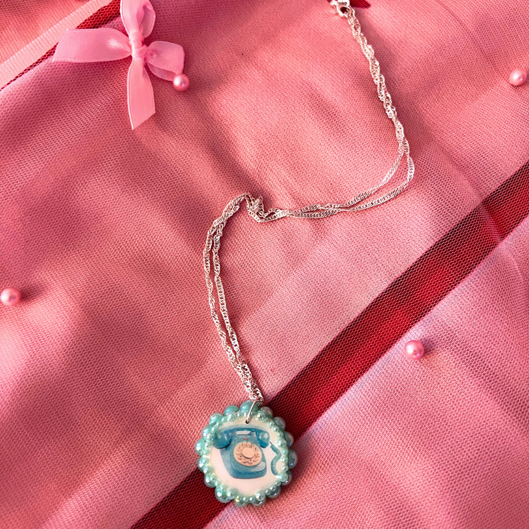Vintage Mid-Century Dial-Up Phone Necklace | Iridescent Pearl Charm | Handmade Polymer Clay Jewelry | 925 Sterling Silver Chain