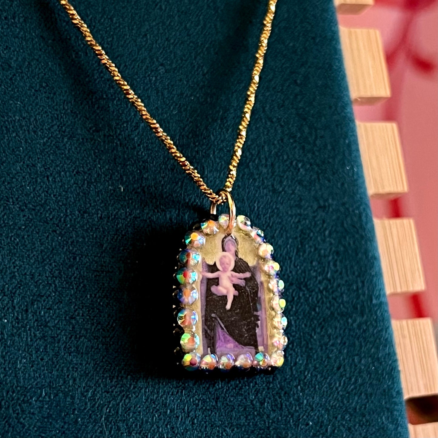 mother mary necklace, virgin and child necklace, baby jesus necklace, bouguereau jewelry, art history necklace, religious pendant necklace, catholic jewelry, angelcore necklace, cathedralcore jewelry, coquette necklace, romantic necklace, 18k gold plated necklace, polymer clay charm necklace, rhinestone pendant, pearl charm necklace, handmade pendant necklace, statement necklace, wearable art jewelry, handmade gift for her, olive made