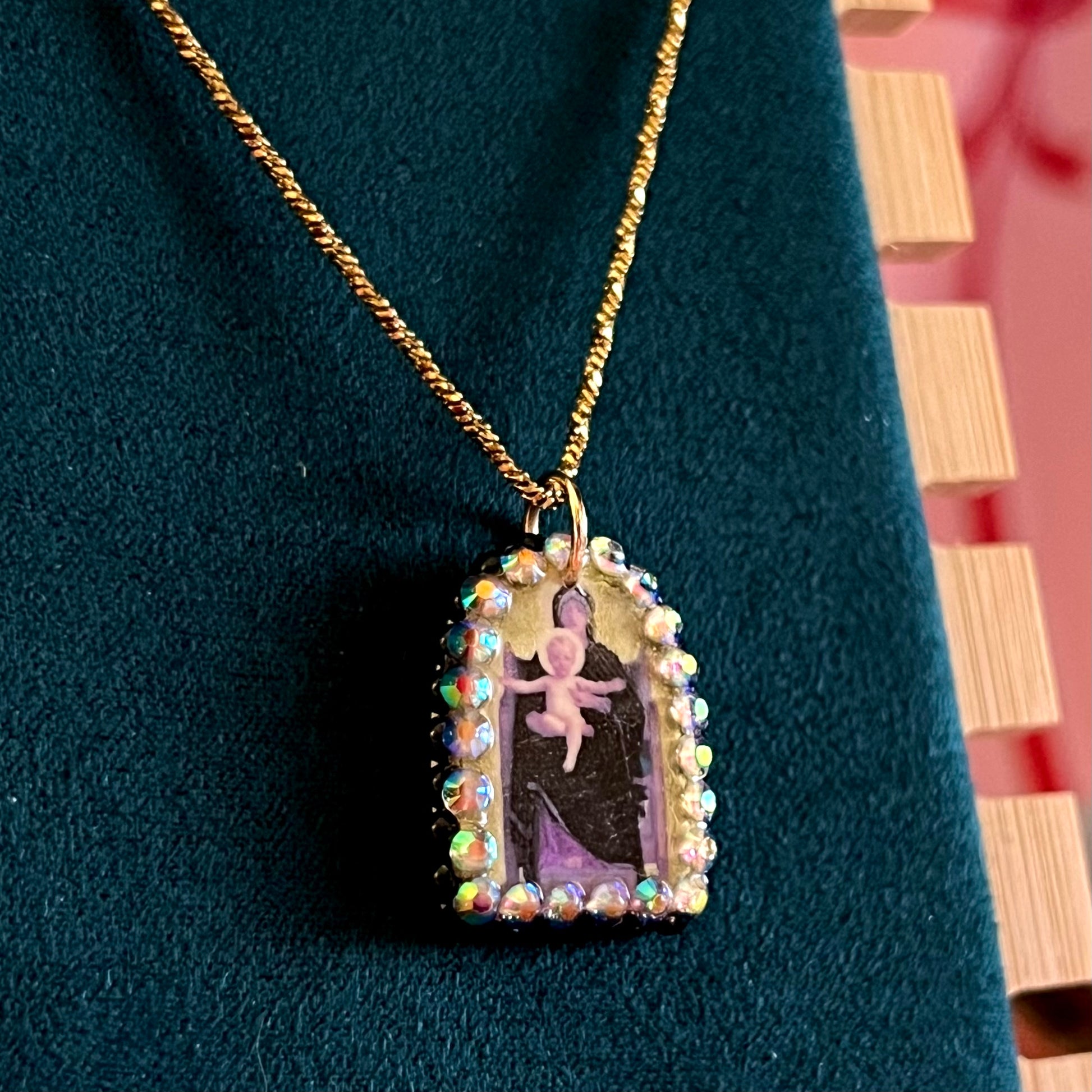 mother mary necklace, virgin and child necklace, baby jesus necklace, bouguereau jewelry, art history necklace, religious pendant necklace, catholic jewelry, angelcore necklace, cathedralcore jewelry, coquette necklace, romantic necklace, 18k gold plated necklace, polymer clay charm necklace, rhinestone pendant, pearl charm necklace, handmade pendant necklace, statement necklace, wearable art jewelry, handmade gift for her, olive made