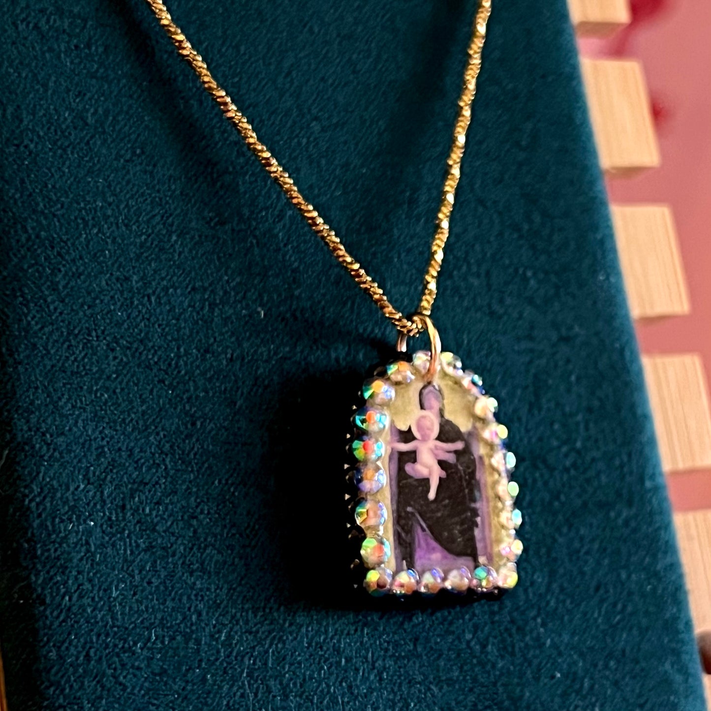 mother mary necklace, virgin and child necklace, baby jesus necklace, bouguereau jewelry, art history necklace, religious pendant necklace, catholic jewelry, angelcore necklace, cathedralcore jewelry, coquette necklace, romantic necklace, 18k gold plated necklace, polymer clay charm necklace, rhinestone pendant, pearl charm necklace, handmade pendant necklace, statement necklace, wearable art jewelry, handmade gift for her, olive made