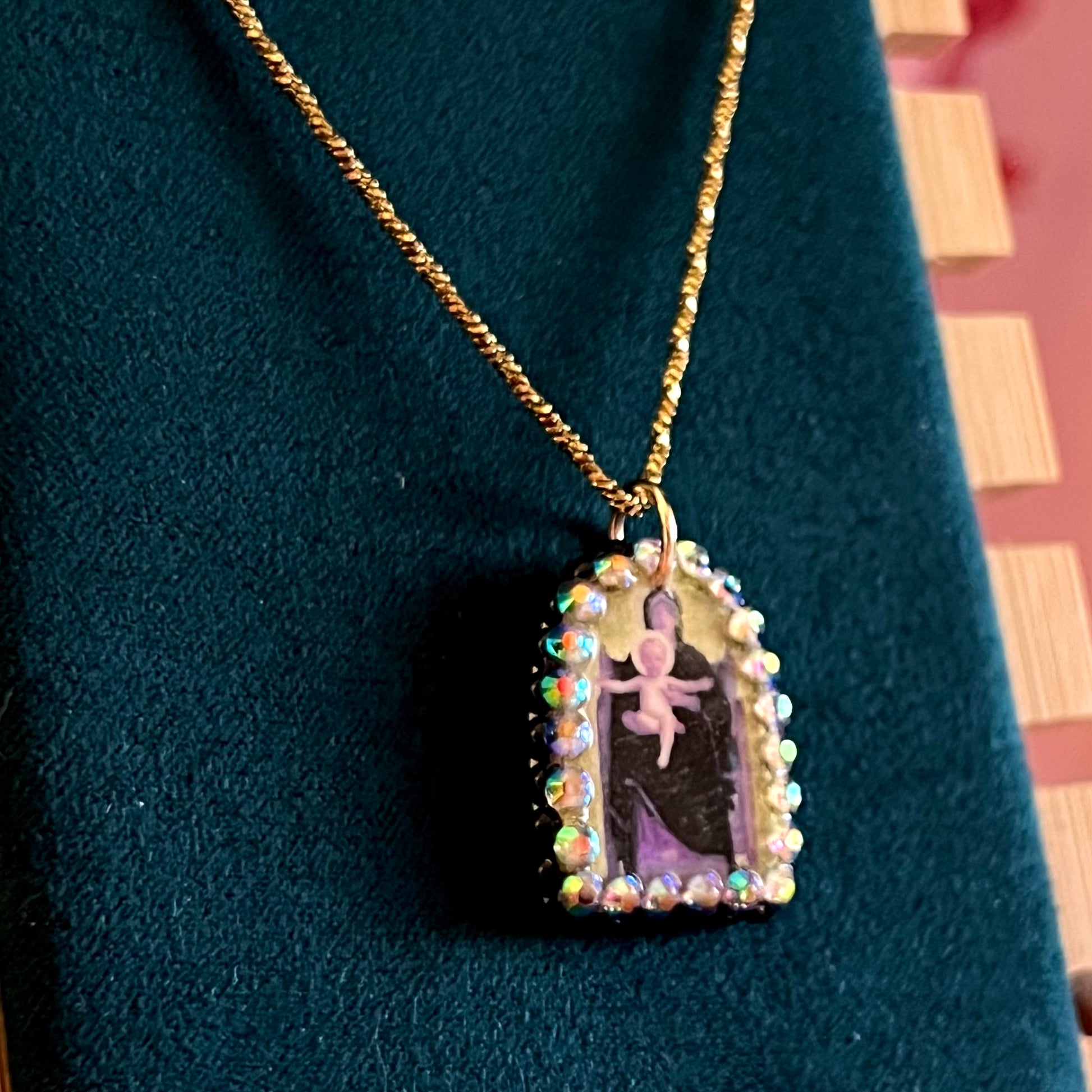 mother mary necklace, virgin and child necklace, baby jesus necklace, bouguereau jewelry, art history necklace, religious pendant necklace, catholic jewelry, angelcore necklace, cathedralcore jewelry, coquette necklace, romantic necklace, 18k gold plated necklace, polymer clay charm necklace, rhinestone pendant, pearl charm necklace, handmade pendant necklace, statement necklace, wearable art jewelry, handmade gift for her, olive made