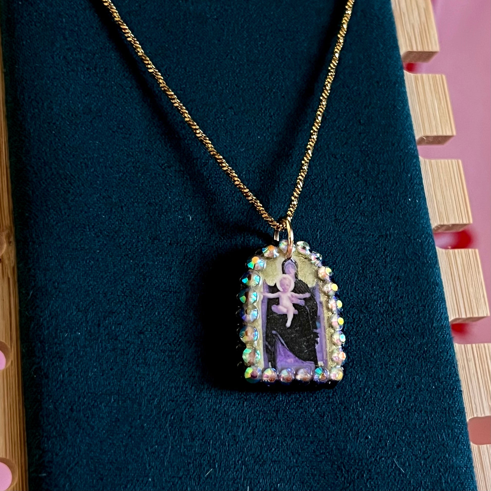 mother mary necklace, virgin and child necklace, baby jesus necklace, bouguereau jewelry, art history necklace, religious pendant necklace, catholic jewelry, angelcore necklace, cathedralcore jewelry, coquette necklace, romantic necklace, 18k gold plated necklace, polymer clay charm necklace, rhinestone pendant, pearl charm necklace, handmade pendant necklace, statement necklace, wearable art jewelry, handmade gift for her, olive made