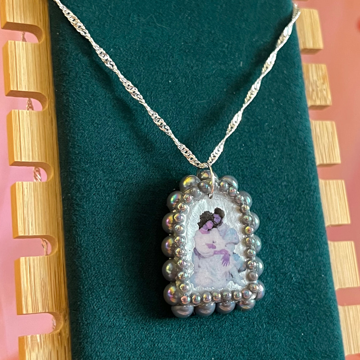 whimsical lovers necklace, fairycore necklace, romantic necklace, arch pendant necklace, sterling silver chain necklace, 925 silver necklace, polymer clay charm necklace, silver pendant necklace, iridescent pearl necklace, victorian inspired jewelry, fantasy aesthetic jewelry, handmade necklace, wearable art jewelry, lovers pendant, romantic gift for her, artisan jewelry, statement necklace, cottagecore fairycore jewelry, olive made, the olive universe