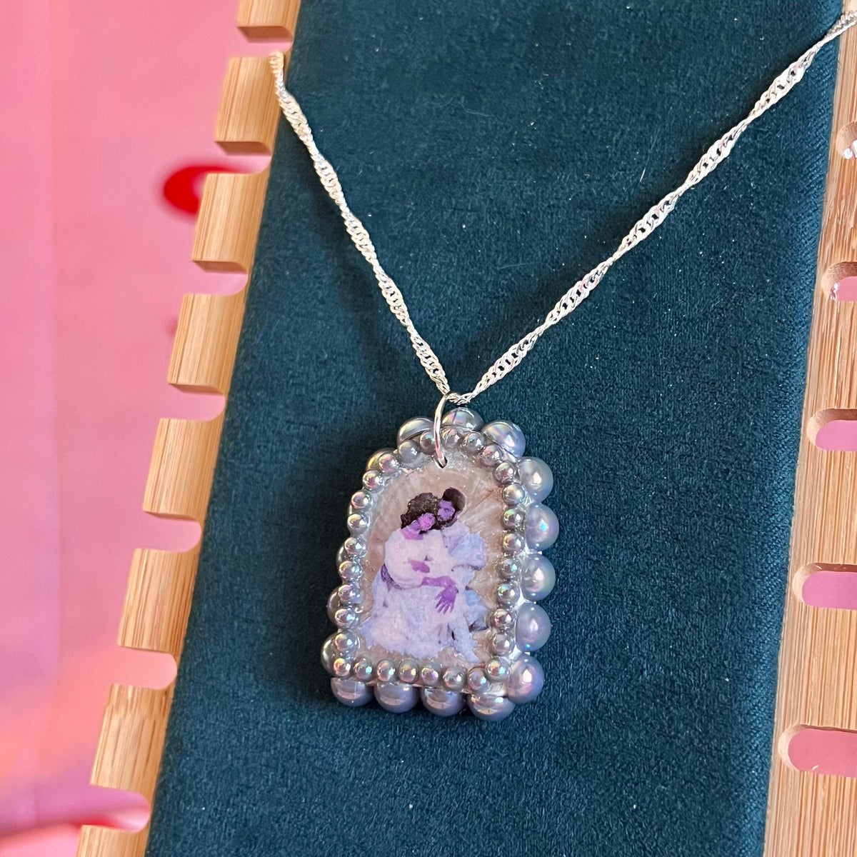 whimsical lovers necklace, fairycore necklace, romantic necklace, arch pendant necklace, sterling silver chain necklace, 925 silver necklace, polymer clay charm necklace, silver pendant necklace, iridescent pearl necklace, victorian inspired jewelry, fantasy aesthetic jewelry, handmade necklace, wearable art jewelry, lovers pendant, romantic gift for her, artisan jewelry, statement necklace, cottagecore fairycore jewelry, olive made, the olive universe