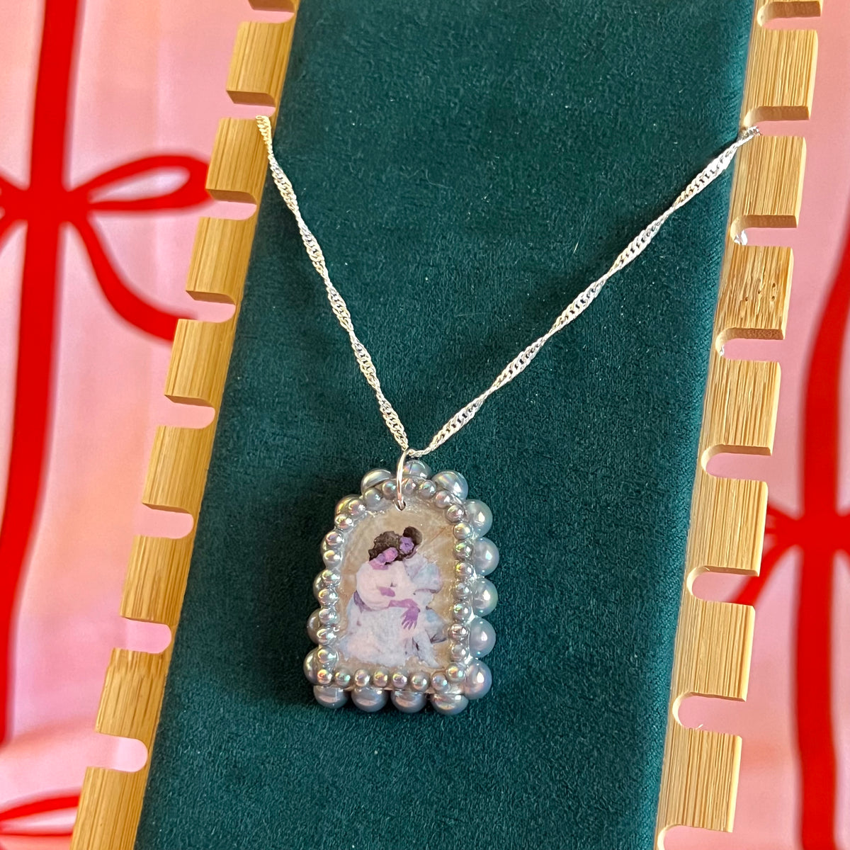 whimsical lovers necklace, fairycore necklace, romantic necklace, arch pendant necklace, sterling silver chain necklace, 925 silver necklace, polymer clay charm necklace, silver pendant necklace, iridescent pearl necklace, victorian inspired jewelry, fantasy aesthetic jewelry, handmade necklace, wearable art jewelry, lovers pendant, romantic gift for her, artisan jewelry, statement necklace, cottagecore fairycore jewelry, olive made, the olive universe