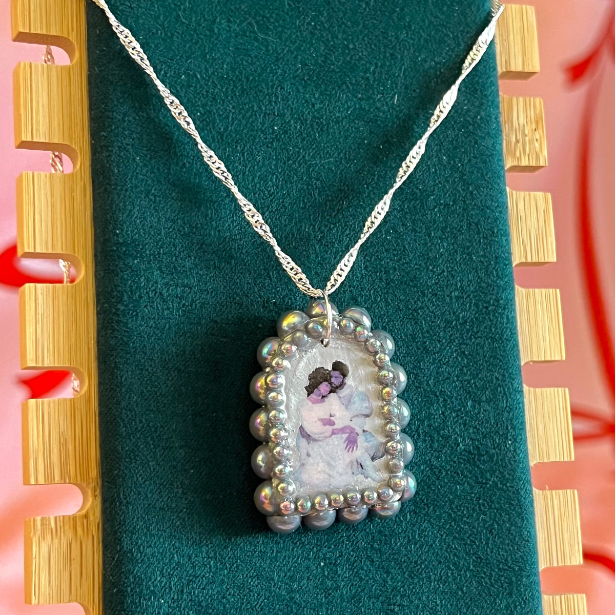 whimsical lovers necklace, fairycore necklace, romantic necklace, arch pendant necklace, sterling silver chain necklace, 925 silver necklace, polymer clay charm necklace, silver pendant necklace, iridescent pearl necklace, victorian inspired jewelry, fantasy aesthetic jewelry, handmade necklace, wearable art jewelry, lovers pendant, romantic gift for her, artisan jewelry, statement necklace, cottagecore fairycore jewelry, olive made, the olive universe