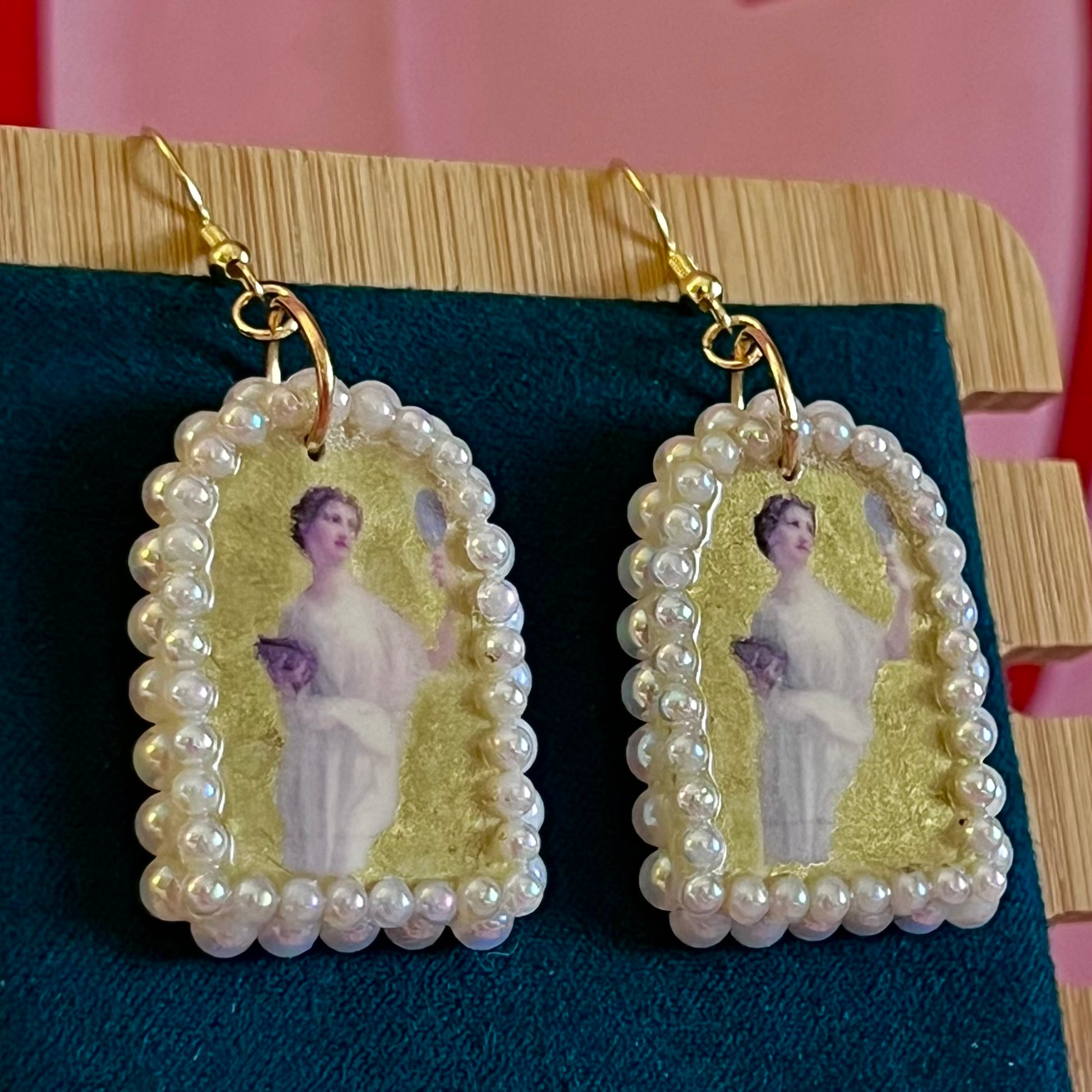 white pearl earrings, pearl arch earrings, art history earrings, guillaume seignac earrings, portrait earrings, museum girl jewelry, coquette earrings, angelcore jewelry, romantic vintage earrings, gold statement earrings, polymer clay earrings, handmade earrings, iridescent pearl earrings, mary pickford portrait, wearable art earrings, bridal shower gift, vintage inspired jewelry, gilded earrings, cottagecore meets glam, soft glamour accessories