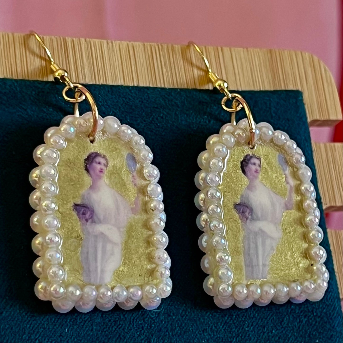 white pearl earrings, pearl arch earrings, art history earrings, guillaume seignac earrings, portrait earrings, museum girl jewelry, coquette earrings, angelcore jewelry, romantic vintage earrings, gold statement earrings, polymer clay earrings, handmade earrings, iridescent pearl earrings, mary pickford portrait, wearable art earrings, bridal shower gift, vintage inspired jewelry, gilded earrings, cottagecore meets glam, soft glamour accessories