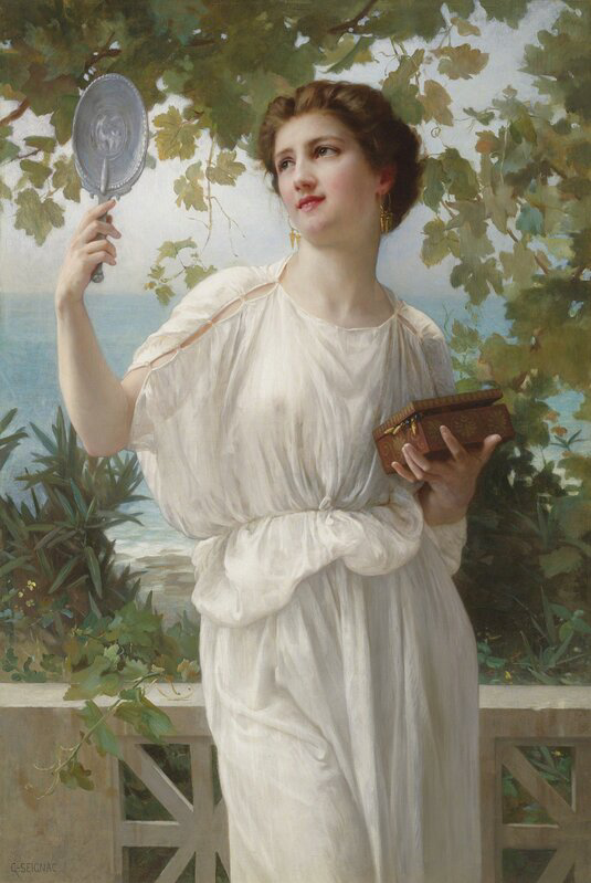 Portrait Of A Lady (1888) by Raimundo de Madrazo y Garreda – large black‑pearl gold arch earrings featuring a polymer‑clay arch charm with a metallic gold background and a transferred portrait image, framed in dark black pearls and finished with ornate 18k gold‑plated Victorian‑inspired filigree; a museum‑style, romantic statement piece.