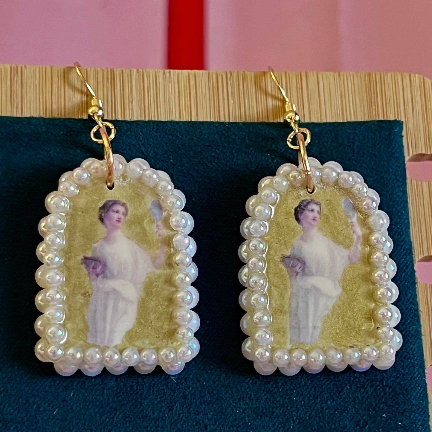 white pearl earrings, pearl arch earrings, art history earrings, guillaume seignac earrings, portrait earrings, museum girl jewelry, coquette earrings, angelcore jewelry, romantic vintage earrings, gold statement earrings, polymer clay earrings, handmade earrings, iridescent pearl earrings, mary pickford portrait, wearable art earrings, bridal shower gift, vintage inspired jewelry, gilded earrings, cottagecore meets glam, soft glamour accessories