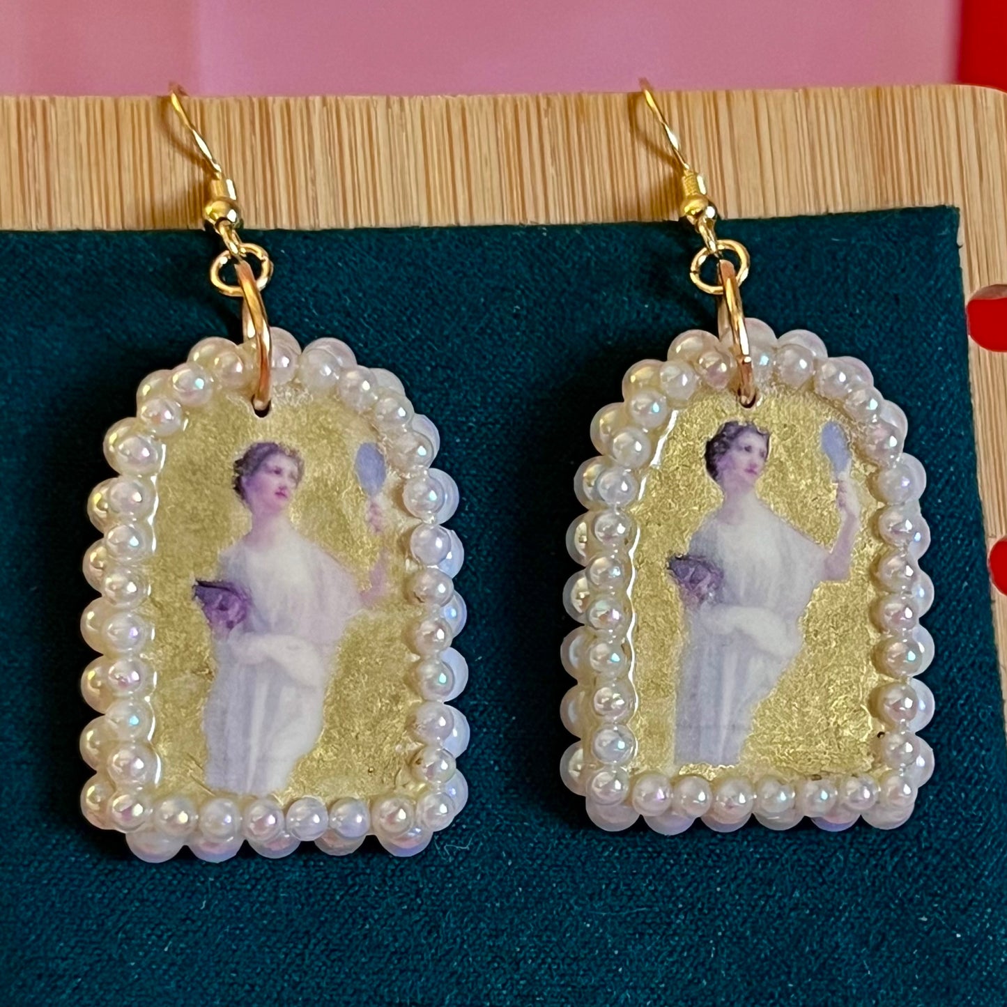 white pearl earrings, pearl arch earrings, art history earrings, guillaume seignac earrings, portrait earrings, museum girl jewelry, coquette earrings, angelcore jewelry, romantic vintage earrings, gold statement earrings, polymer clay earrings, handmade earrings, iridescent pearl earrings, mary pickford portrait, wearable art earrings, bridal shower gift, vintage inspired jewelry, gilded earrings, cottagecore meets glam, soft glamour accessories